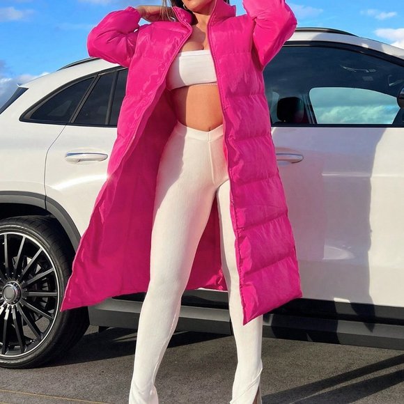 Hot Pink Preppy Womens Solid Zip Up Puffer Coat - Picture 6 of 6